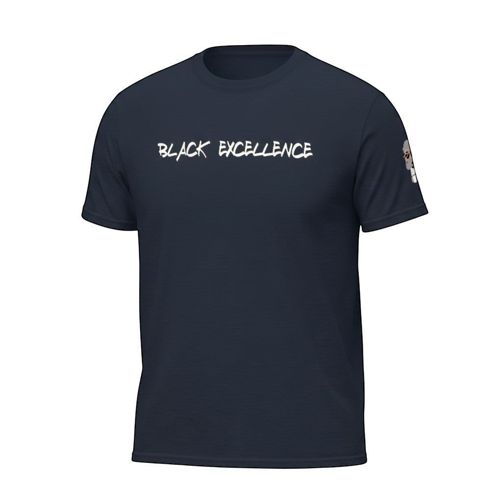 Big Daddy Allen Productions navy blue 100% cotton t-shirt with "BLACK EXCELLENCE" graphic in white.