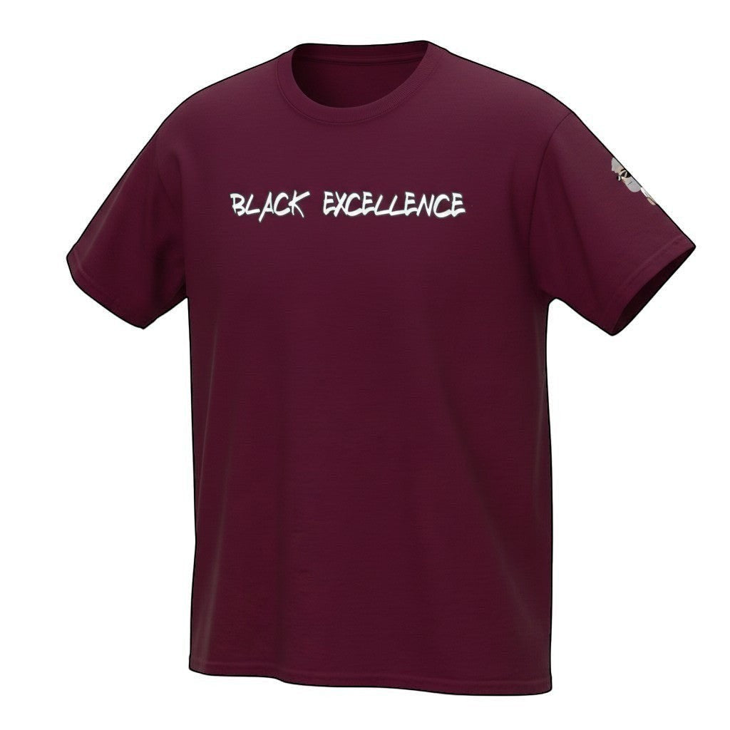 Big Daddy Allen Productions Black Excellence graphic t-shirt in maroon, 100% cotton with white text and BDA logo on sleeve.