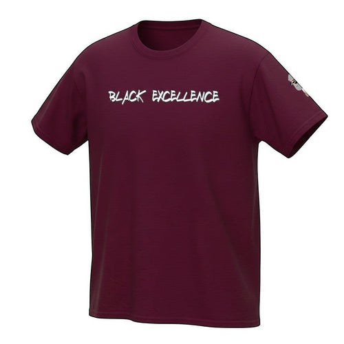 Big Daddy Allen Productions Black Excellence graphic t-shirt in maroon, 100% cotton with white text and BDA logo on sleeve.