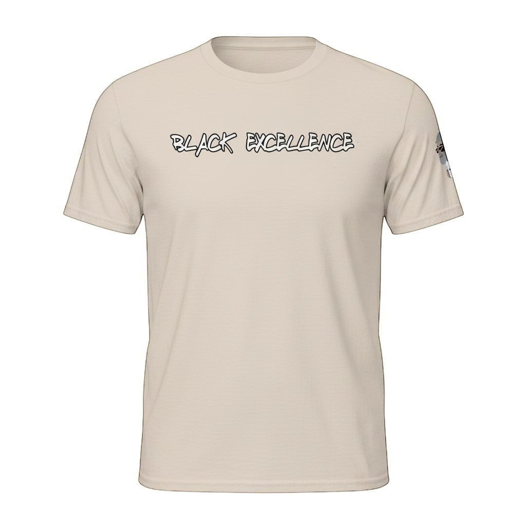 Big Daddy Allen Productions Black Excellence graphic t-shirt, 100% cotton, natural color. "Black Excellence" across the chest and BDA logo on the sleeve.