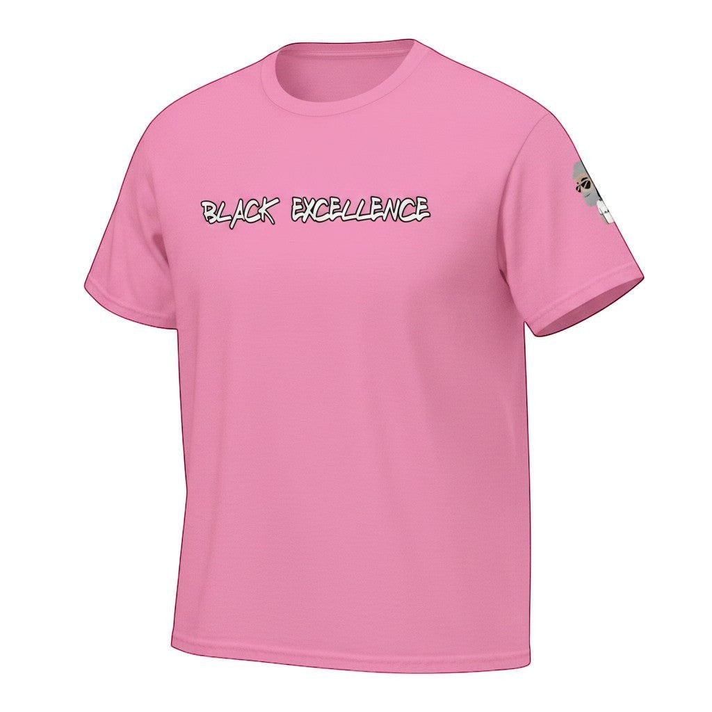 Big Daddy Allen Productions pink 100% cotton unisex t-shirt with "Black Excellence" graphic on front and BDA logo on sleeve.