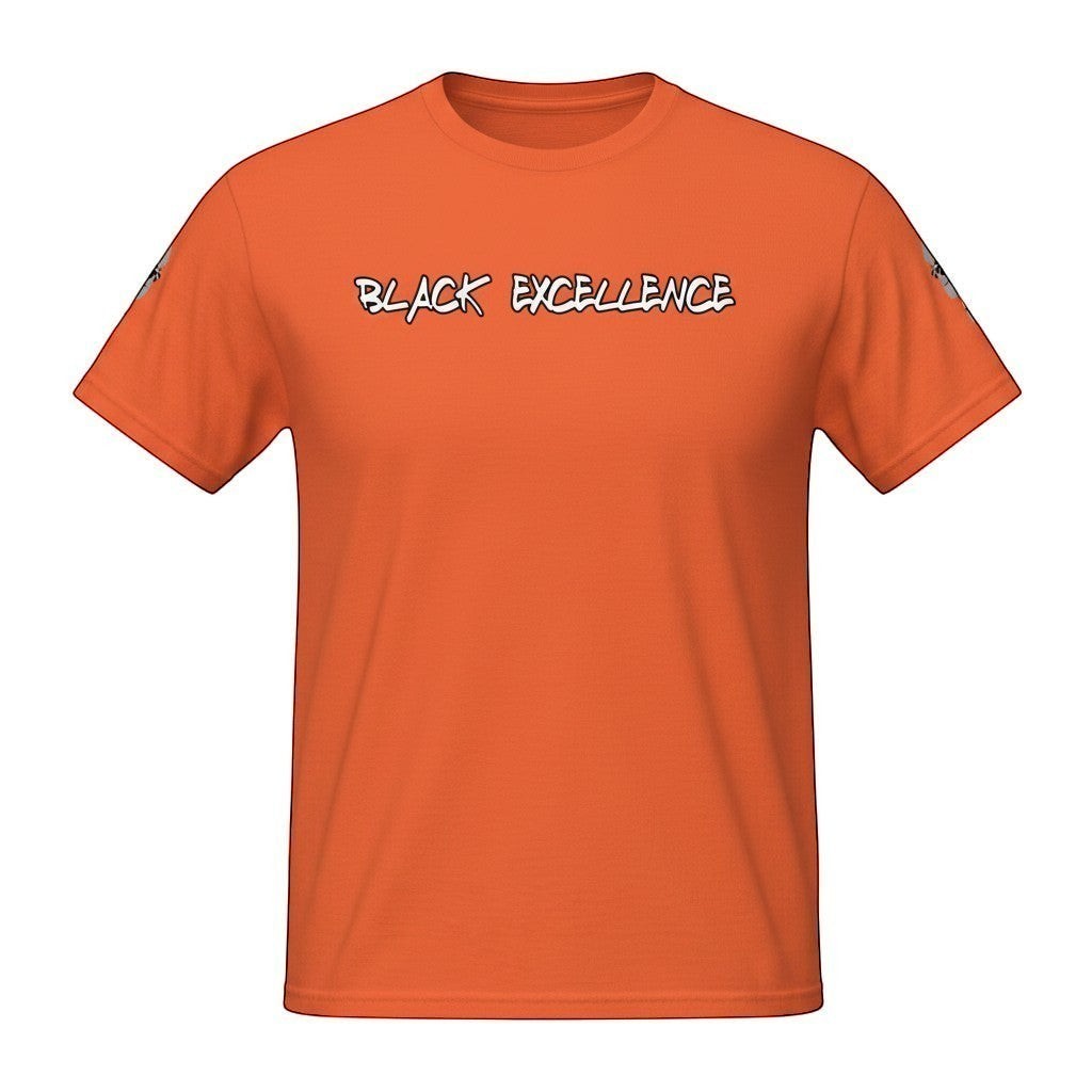 Big Daddy Allen Productions orange 100% cotton t-shirt with "BLACK EXCELLENCE" graphic and BDA logo on sleeve.