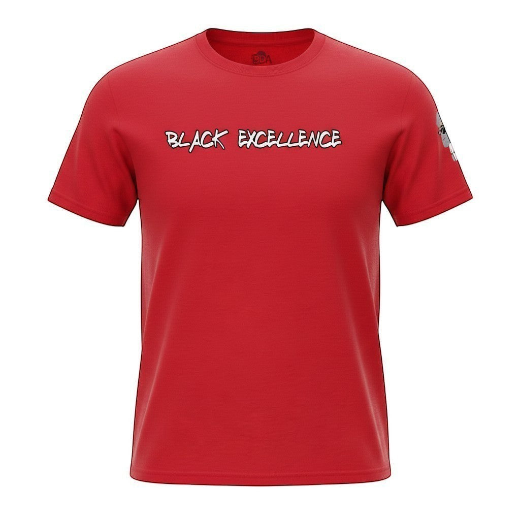 Big Daddy Allen Productions red 100% cotton unisex t-shirt with "Black Excellence" graphic on front and BDA logo on the left sleeve.