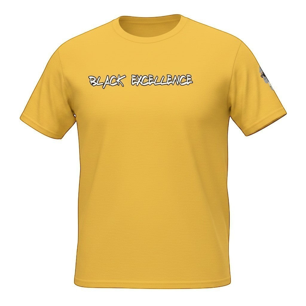 Big Daddy Allen Productions yellow 100% cotton unisex t-shirt with "Black Excellence" graphic on front and BDA logo on sleeve.