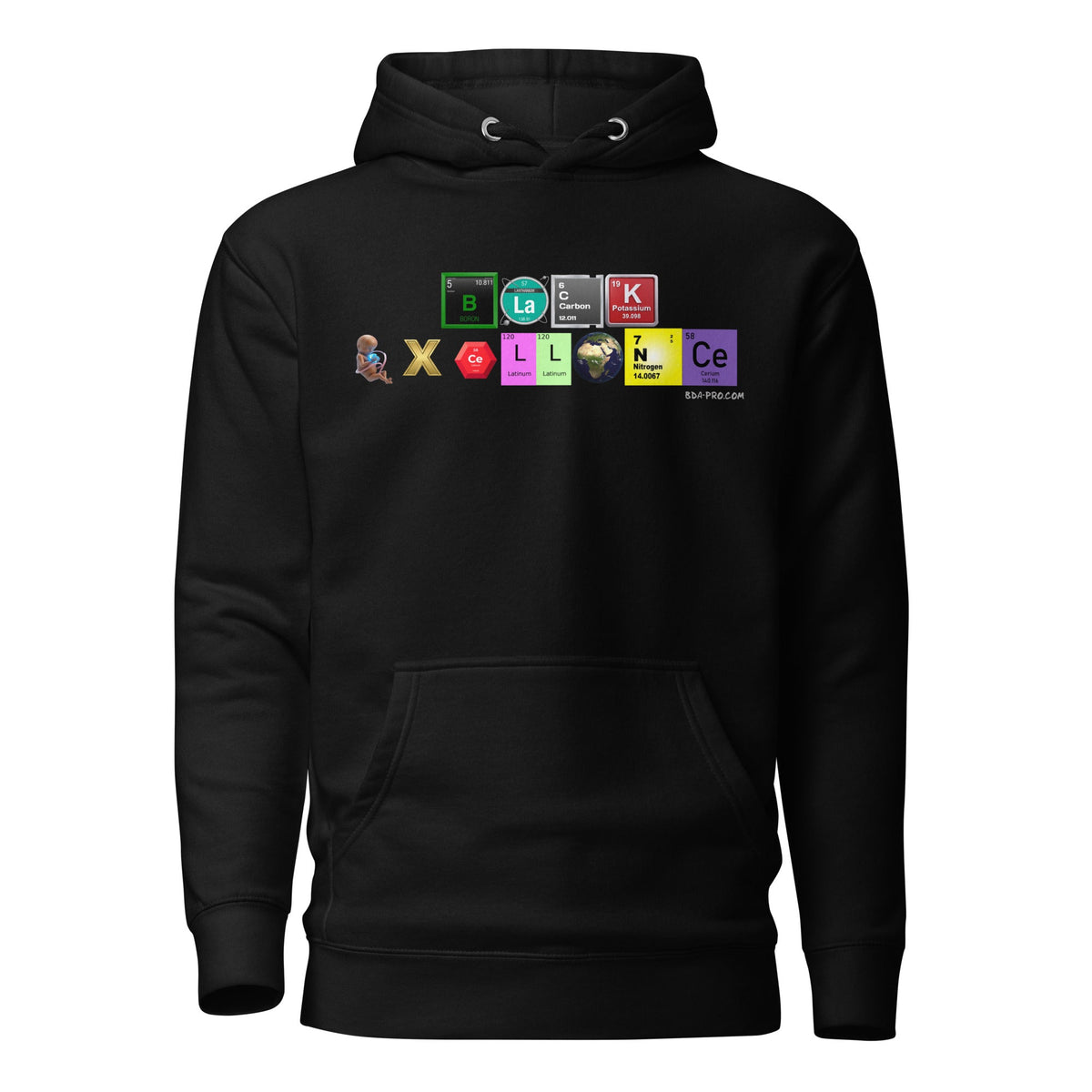 Big Daddy Allen Productions black pullover hoodie featuring a periodic table inspired Black Excellence graphic print.