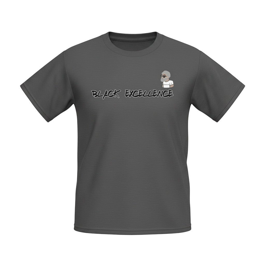 Big Daddy Allen Productions Black Excellence graphic t-shirt in charcoal grey with a cartoon figure and sunglasses.
