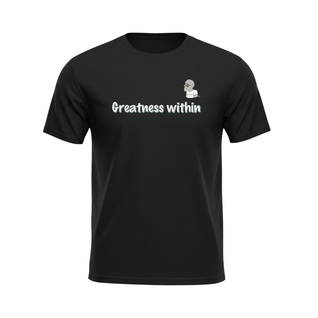 Big Daddy Allen Productions black 100% cotton kids t-shirt with "Greatness Within" text and cartoon graphic.