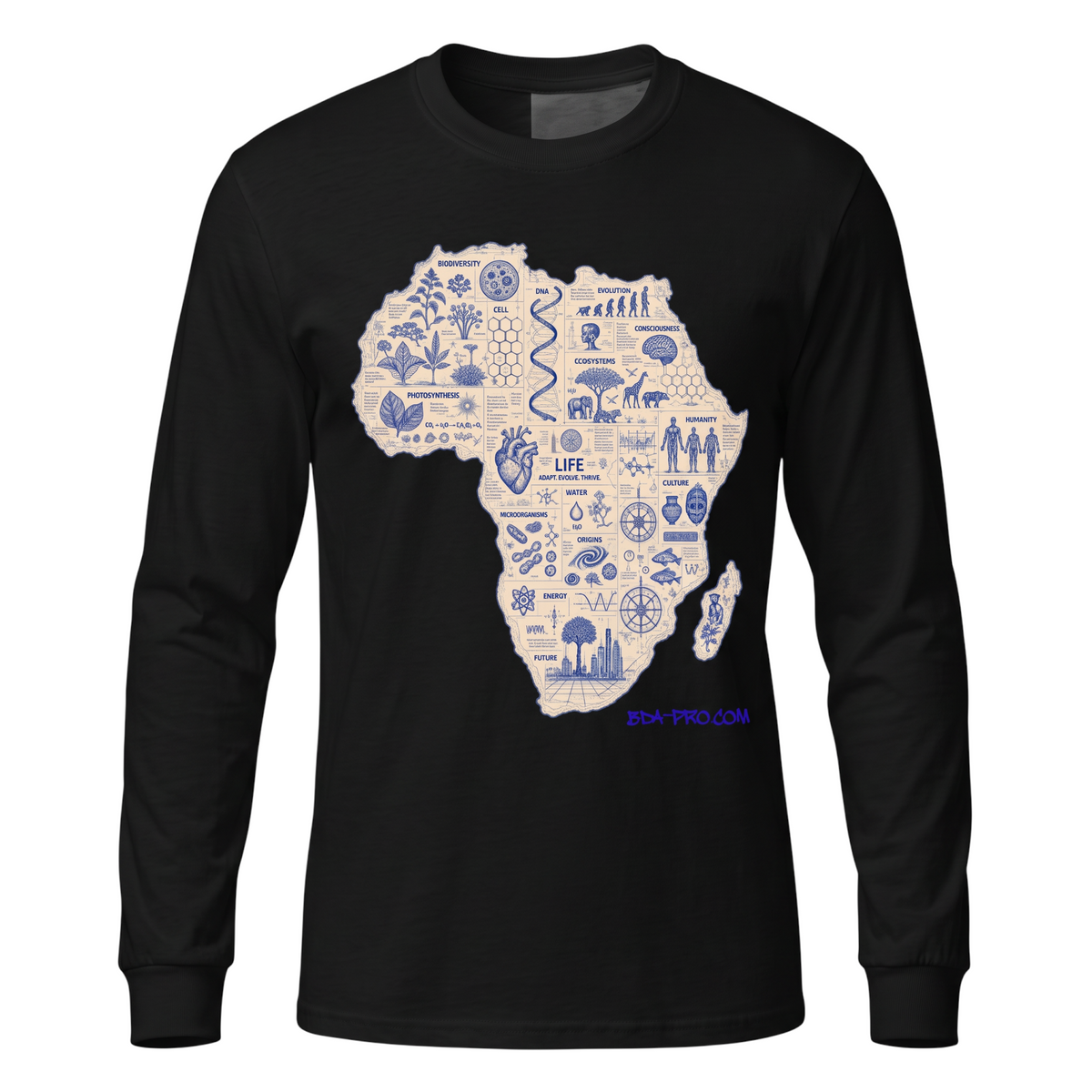 Big Daddy Allen Productions black long sleeve t-shirt featuring a detailed blue graphic of the African continent.