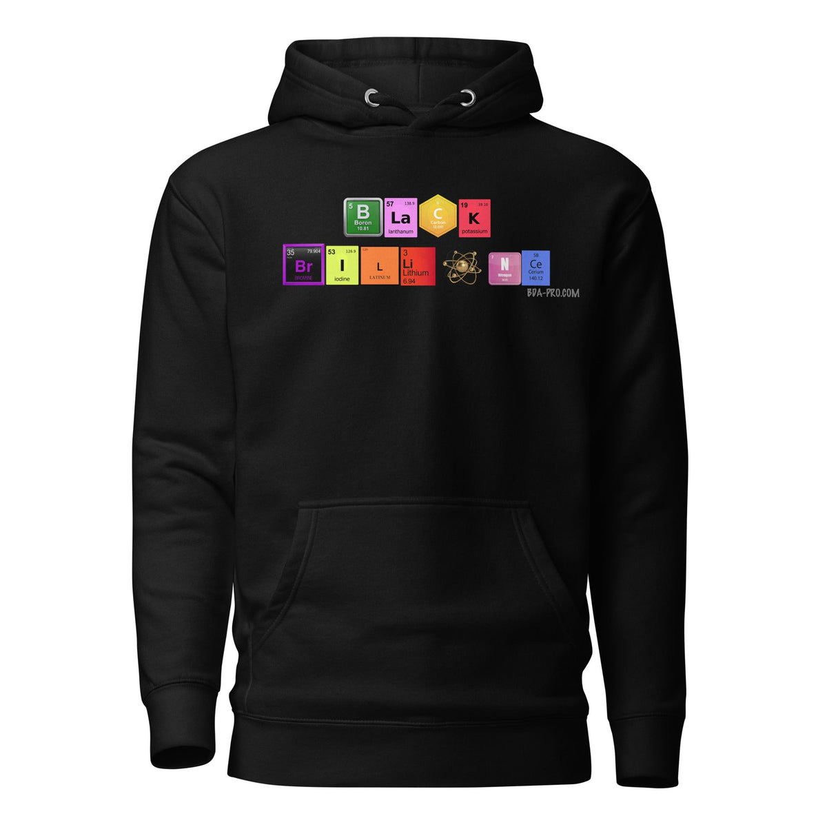 Big Daddy Allen Productions black pullover hoodie featuring a colorful periodic table graphic spelling Black Brilliance