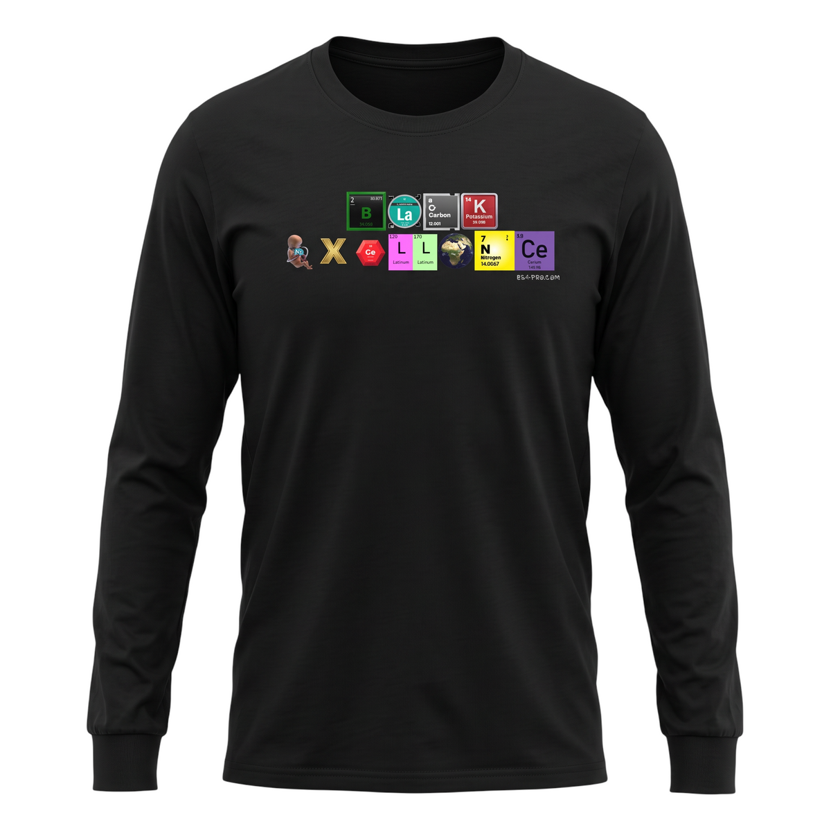 Big Daddy Allen Productions black long sleeve t-shirt with a periodic table graphic spelling Black Excellence