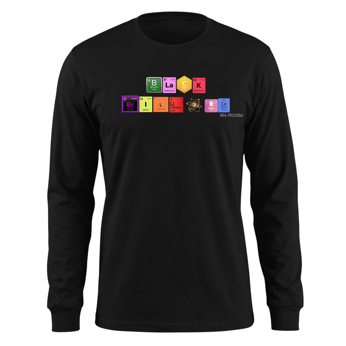 Big Daddy Allen Productions black long sleeve t-shirt with a periodic table graphic spelling Black Brilliance