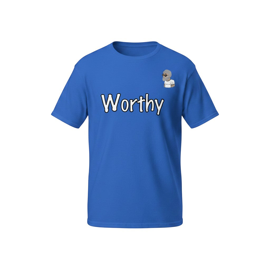 Big Daddy Allen Productions royal blue 100% cotton t-shirt with affirmation Worthy and the BDA logo.