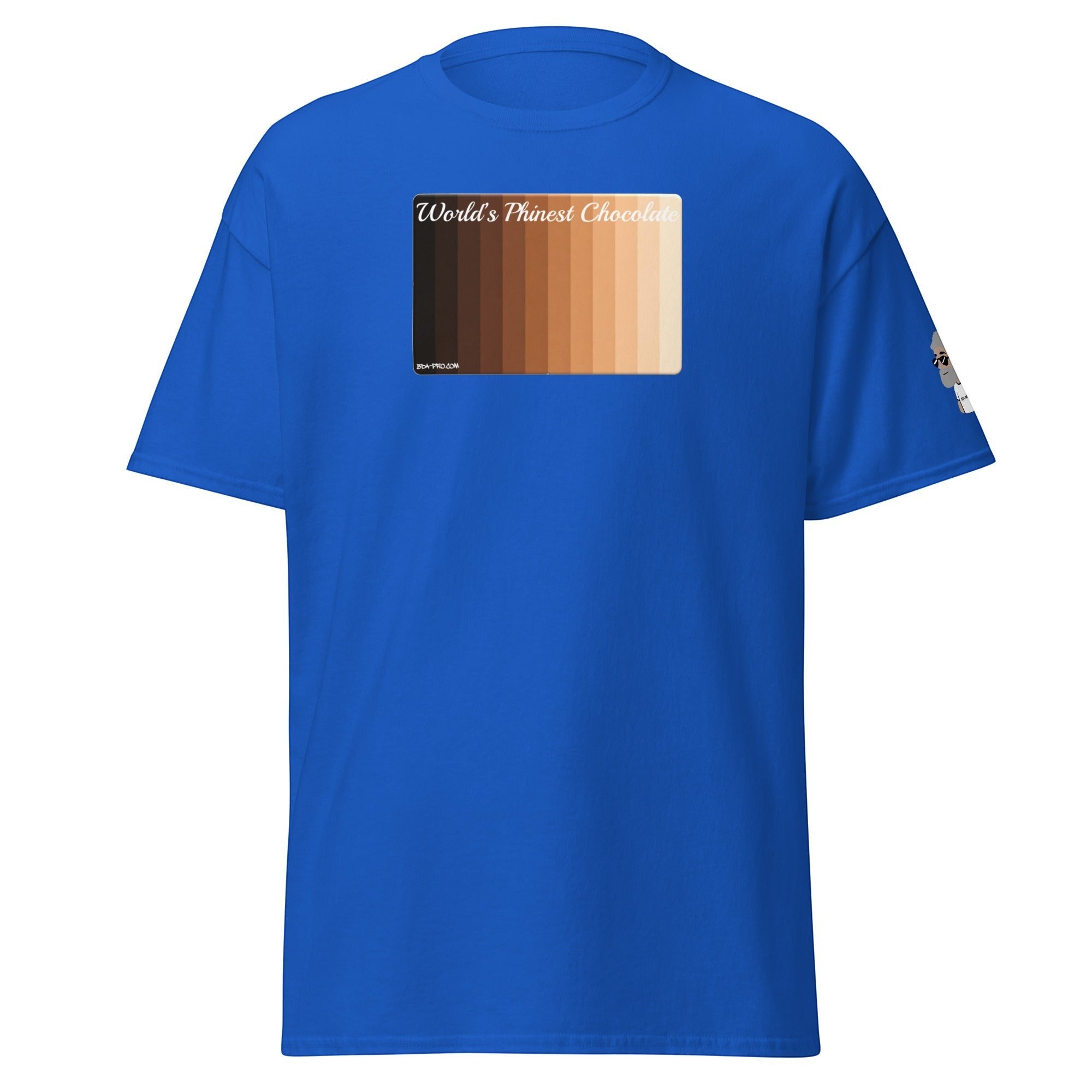 Big Daddy Allen Productions blue crew neck t-shirt featuring a skin tone gradient graphic and World's Phinest Chocolate