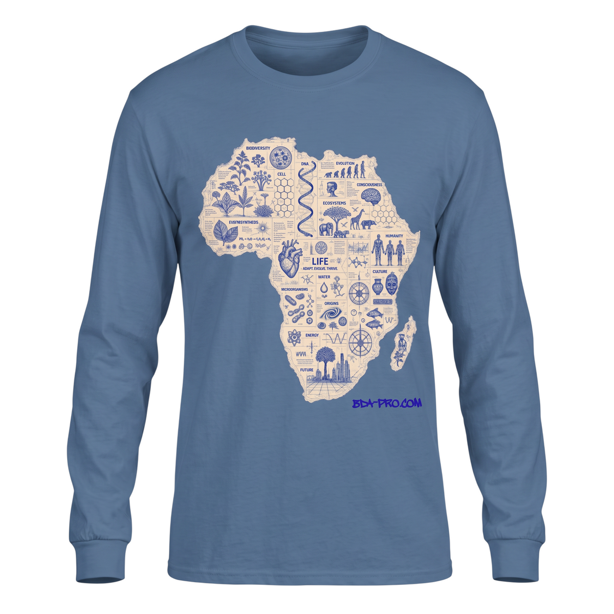 Big Daddy Allen Productions blue long sleeve t-shirt featuring an intricate African continent science graphic print