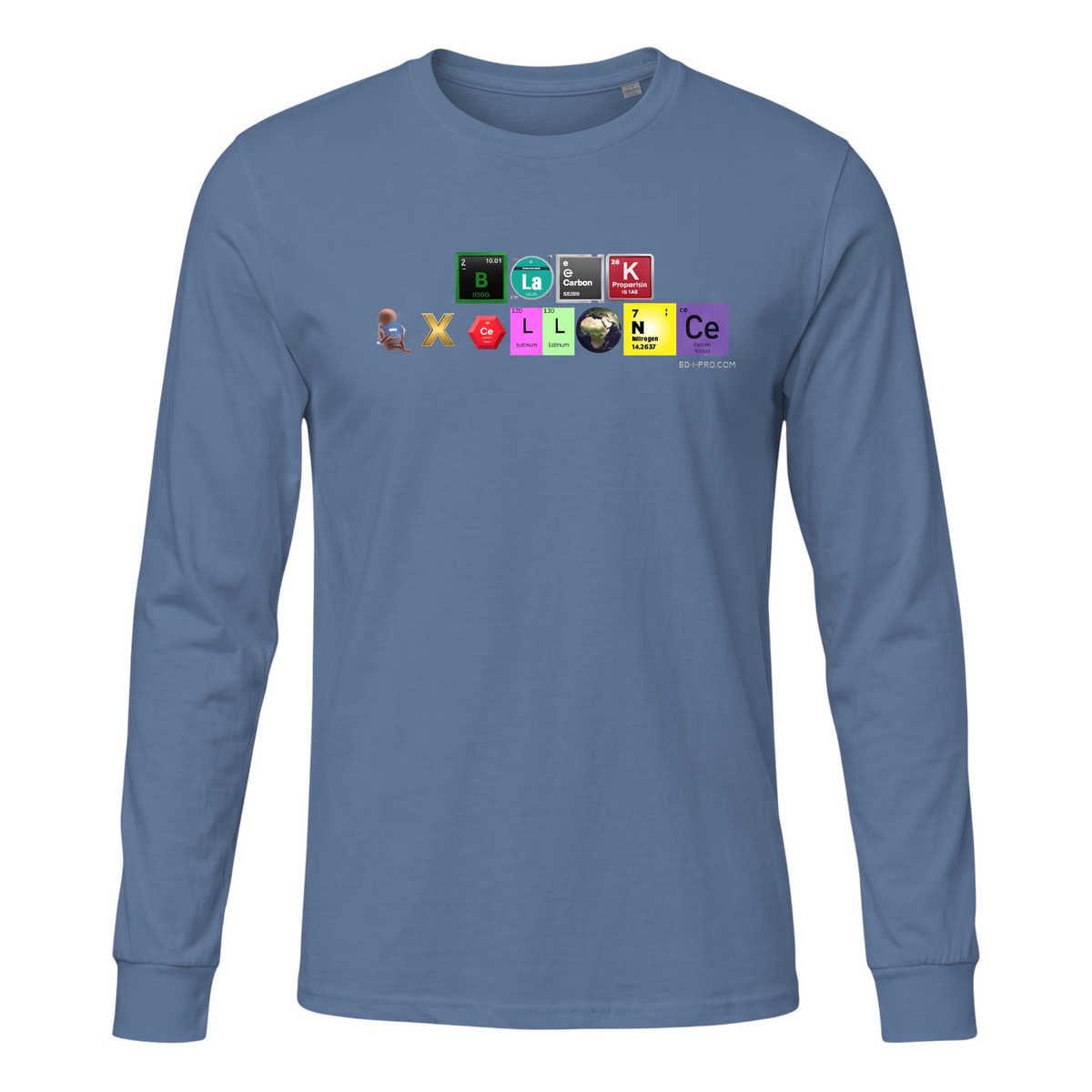 Big Daddy Allen Productions blue long sleeve t-shirt featuring a periodic table graphic spelling Black Excellence
