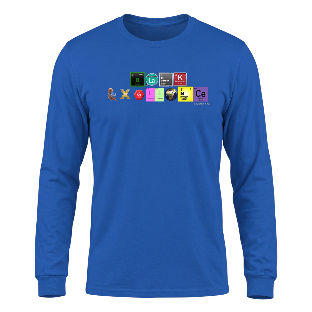 Big Daddy Allen Productions blue long sleeve shirt with Black Excellence periodic table graphic print