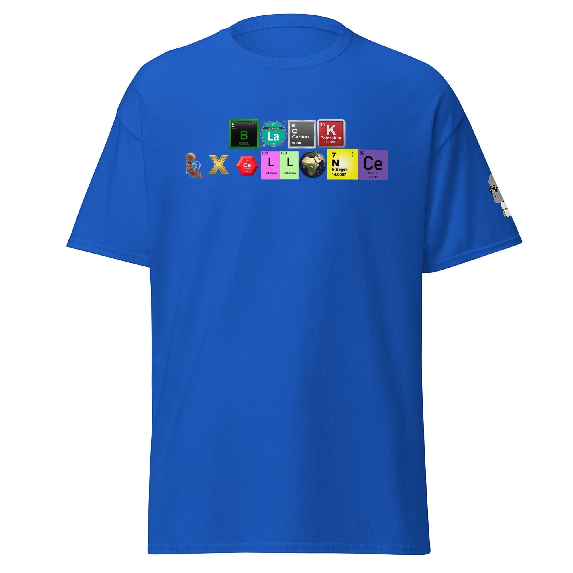 Big Daddy Allen Productions blue graphic tee featuring a periodic table design spelling Black Excellence in chemical symbols.