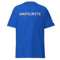 Big Daddy Allen Productions royal blue graphic t-shirt with UNAPOLOGETIC text printed on the chest