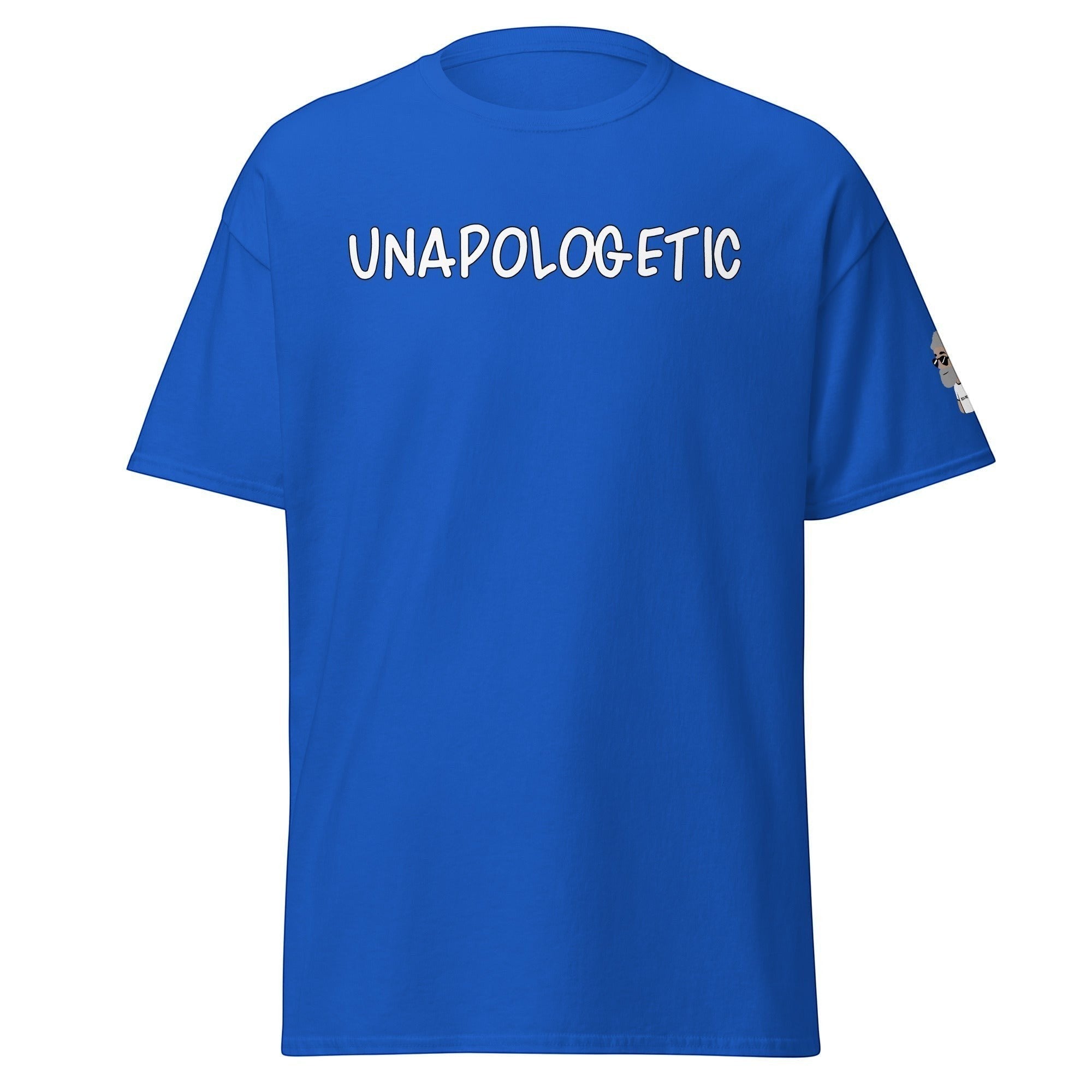 Big Daddy Allen Productions royal blue graphic t-shirt with UNAPOLOGETIC text printed on the chest