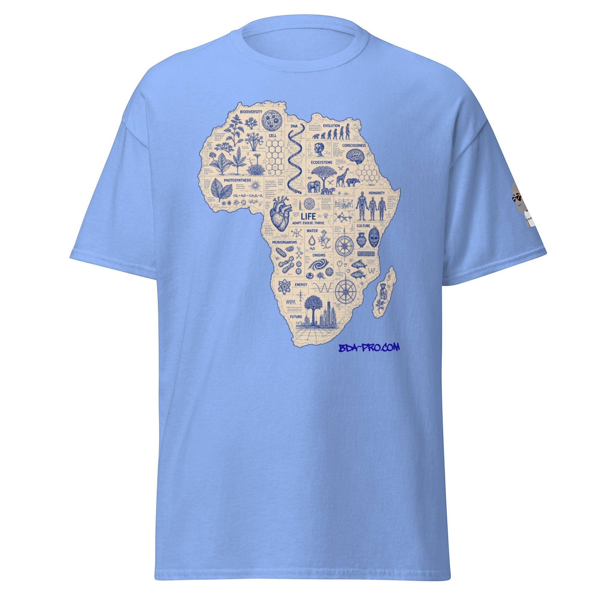 Big Daddy Allen Productions light blue t-shirt featuring a detailed blueprint graphic of the African continent.