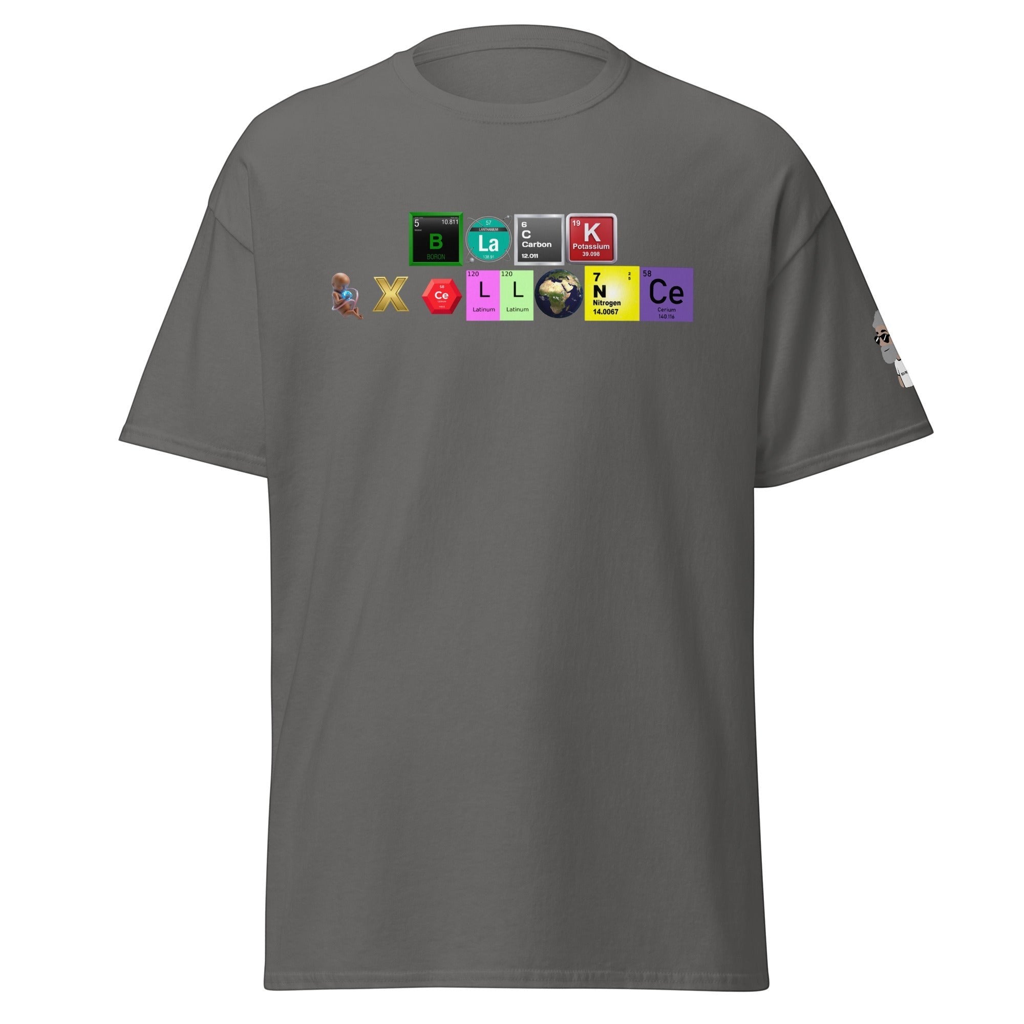 Big Daddy Allen Productions charcoal grey graphic tee featuring a periodic table design spelling out Black Excellence