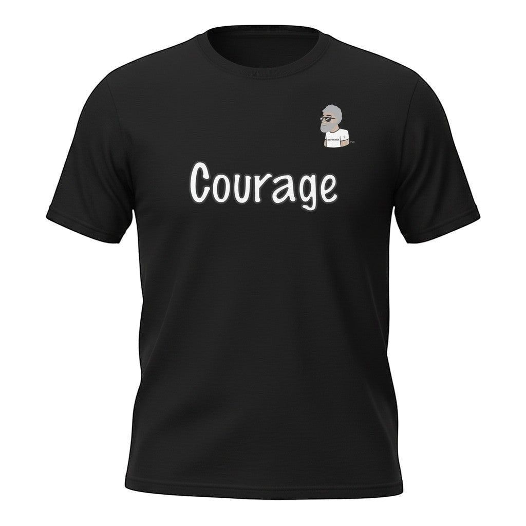 Big Daddy Allen Productions black cotton t-shirt with white 'Courage' graphic and BDA logo.