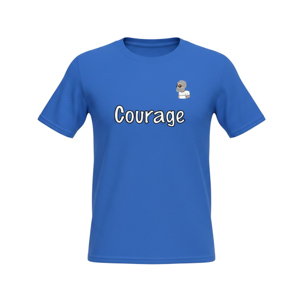 Big Daddy Allen Productions blue graphic t-shirt with the word "Courage" and a small cartoon character.