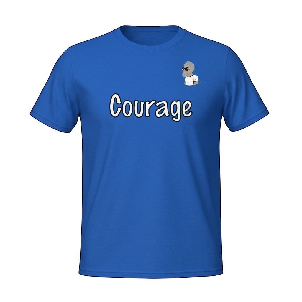 Big Daddy Allen Productions blue cotton t-shirt with white 'Courage' graphic and BDA logo.