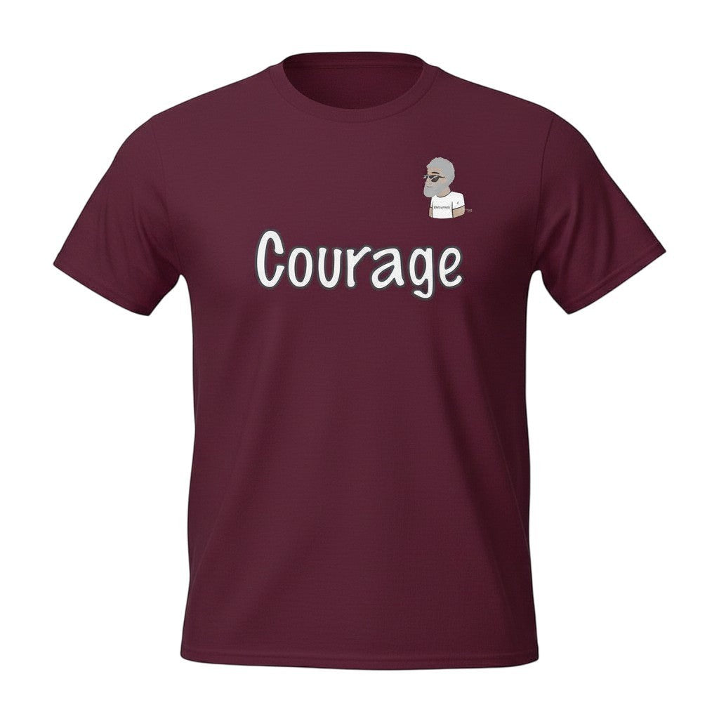 Big Daddy Allen Productions burgundy cotton t-shirt with white 'Courage' graphic and BDA logo.