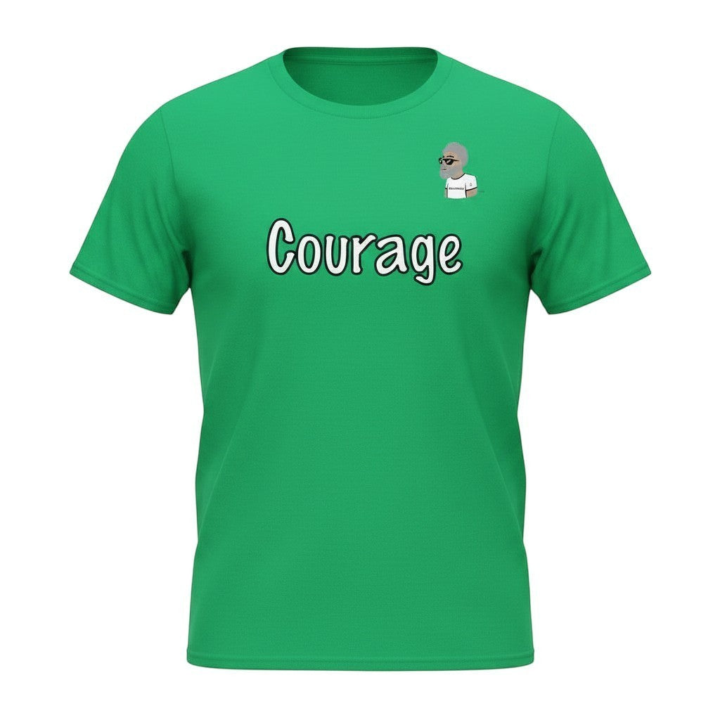 Big Daddy Allen Productions green cotton t-shirt with 'Courage' graphic and BDA logo.