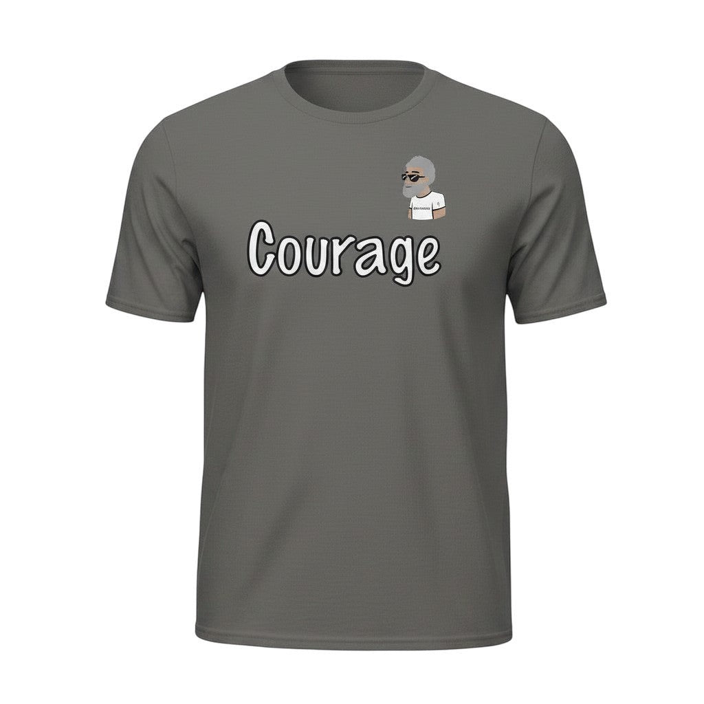 Big Daddy Allen Productions grey cotton t-shirt with 'Courage' graphic and BDA logo. Short sleeve, crew neck.