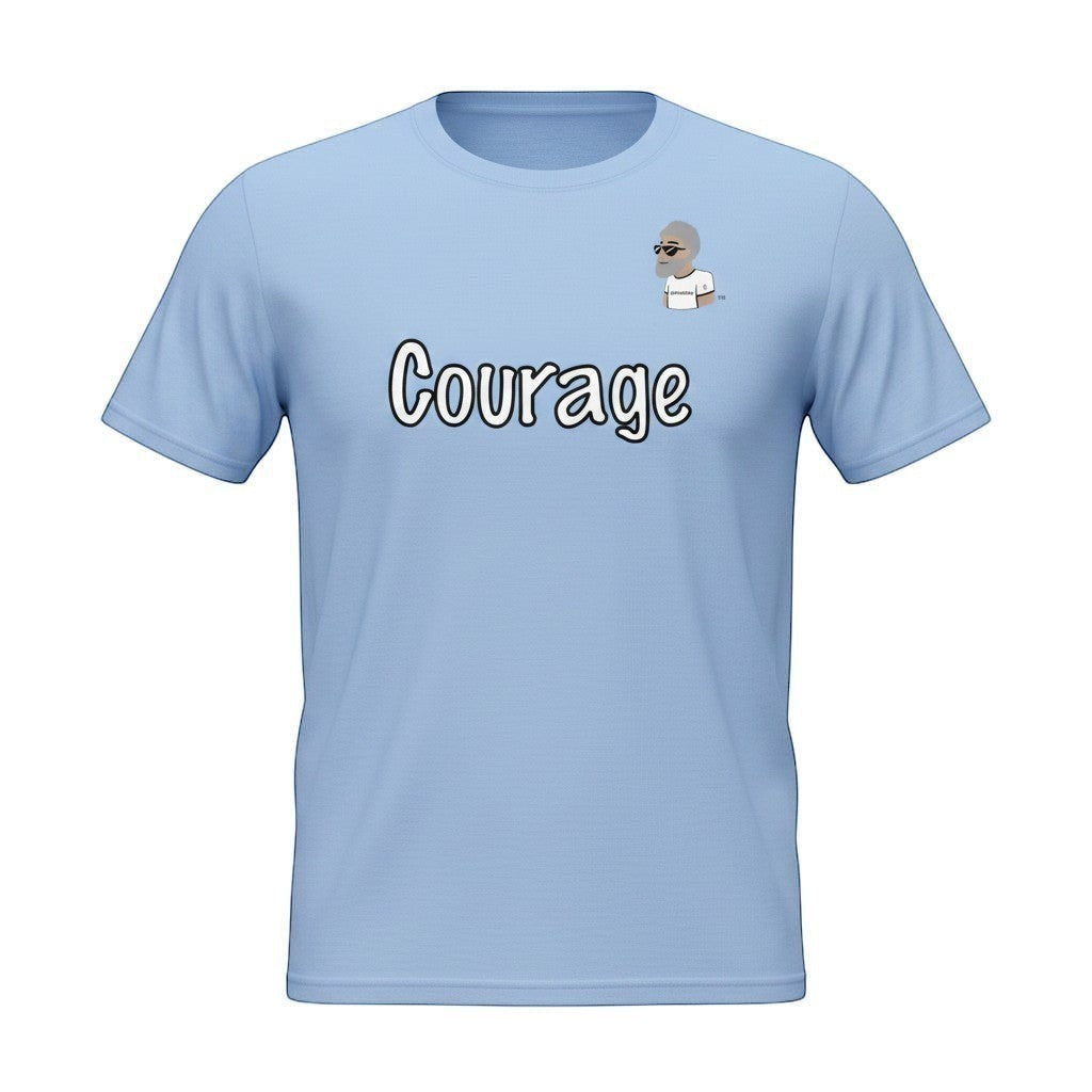 Big Daddy Allen Productions light blue cotton t-shirt with "Courage" graphic and BDA logo.