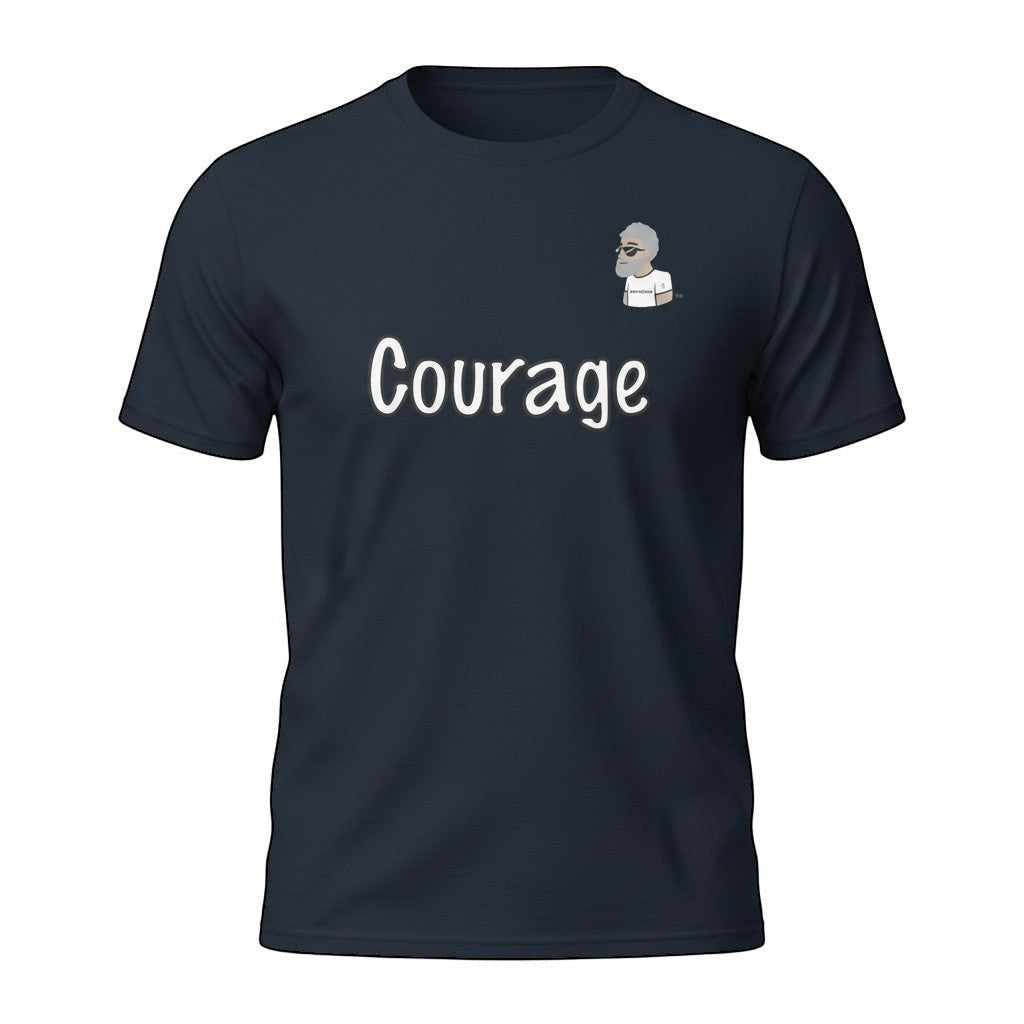 Big Daddy Allen Productions navy blue cotton t-shirt with white 'Courage' graphic and BDA logo.