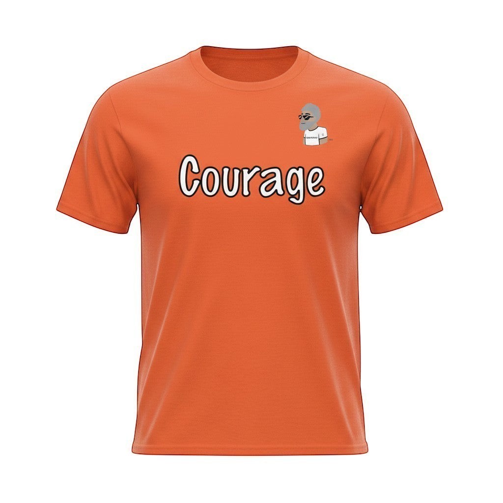 Big Daddy Allen Productions orange cotton t-shirt with 'Courage' graphic and BDA logo.