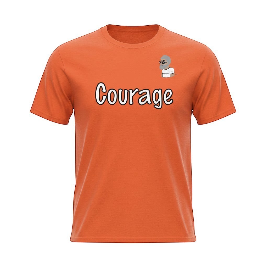 Big Daddy Allen Productions orange cotton t-shirt with white 'Courage' graphic and BDA logo.