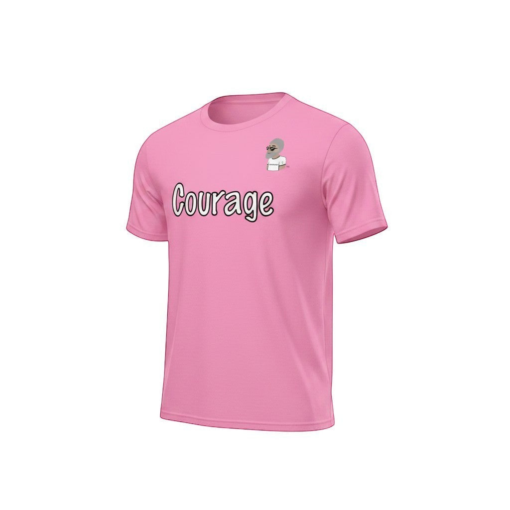 Big Daddy Allen Productions pink cotton t-shirt with "Courage" graphic and BDA logo.