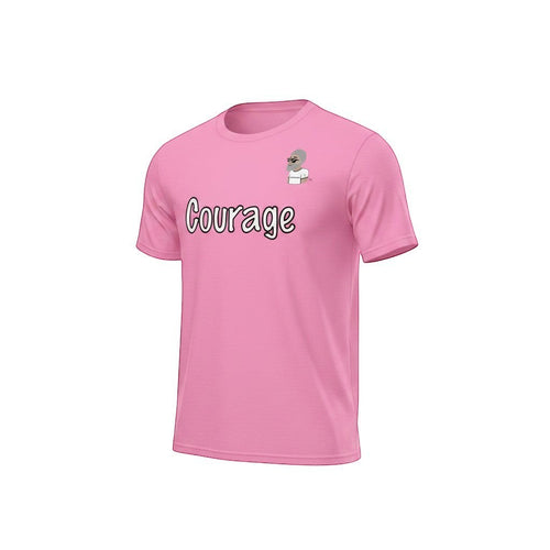 Big Daddy Allen Productions pink cotton t-shirt with "Courage" graphic and BDA logo.