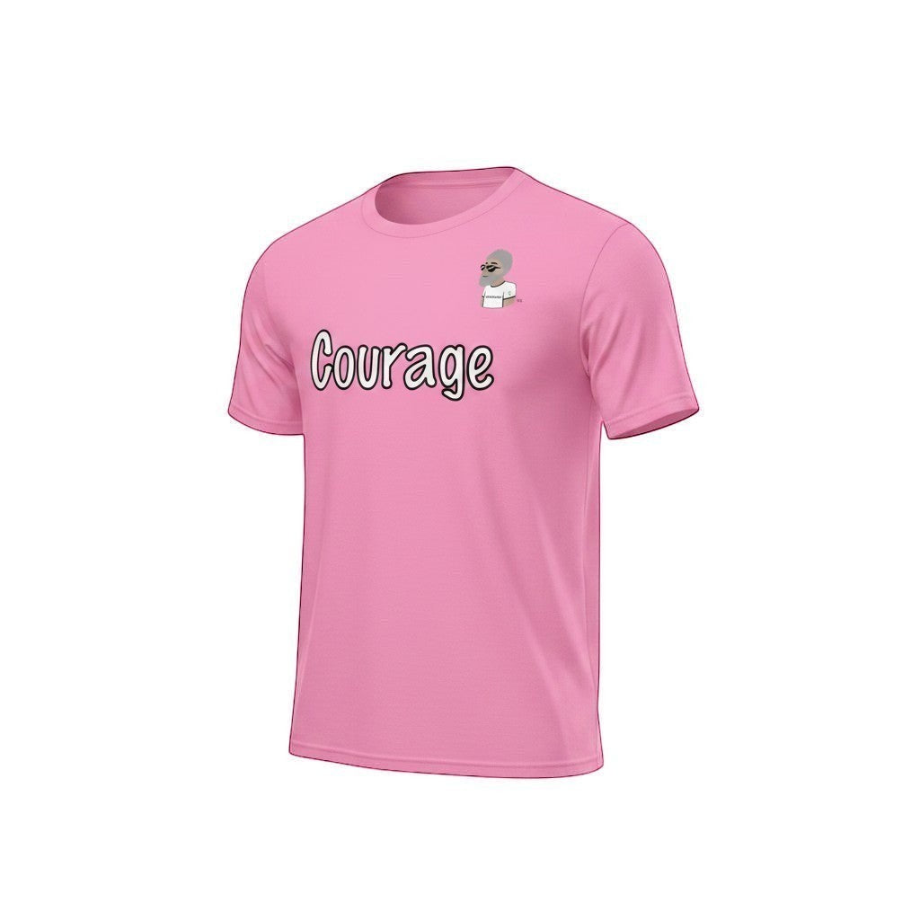 Big Daddy Allen Productions pink cotton t-shirt with 'Courage' graphic and BDA logo.