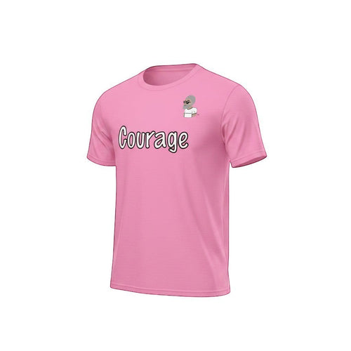 Big Daddy Allen Productions pink cotton t-shirt with 'Courage' graphic and BDA logo.