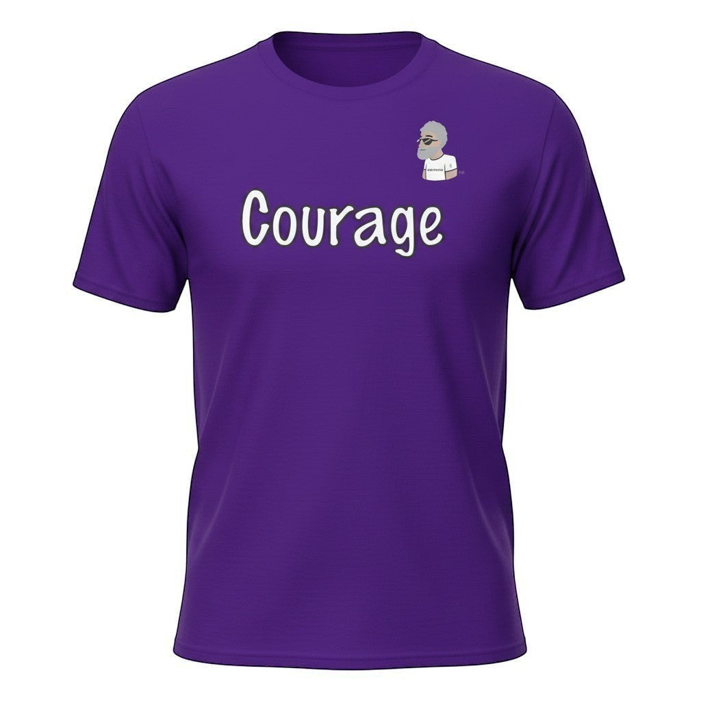 Big Daddy Allen Productions purple cotton t-shirt with white 'Courage' graphic and BDA logo.