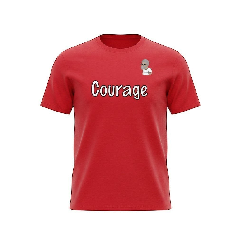 Big Daddy Allen Productions red cotton t-shirt with white 'Courage' graphic and BDA logo.