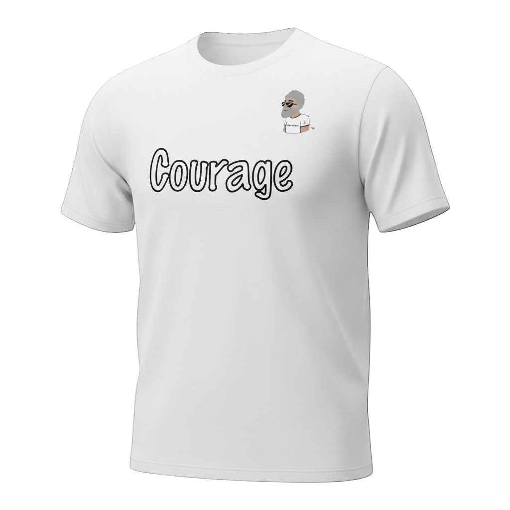 Big Daddy Allen Productions white cotton t-shirt with "Courage" graphic and BDA logo.