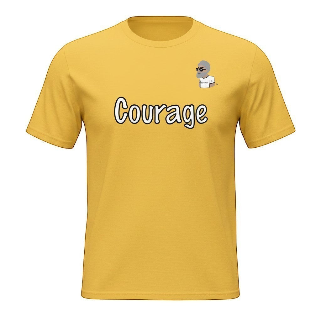 Big Daddy Allen Productions yellow cotton t-shirt with "Courage" graphic and BDA logo.