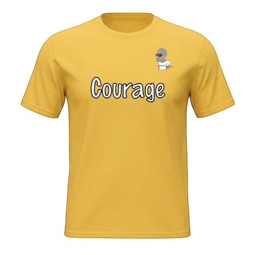 Big Daddy Allen Productions yellow cotton t-shirt with "Courage" graphic and BDA logo.