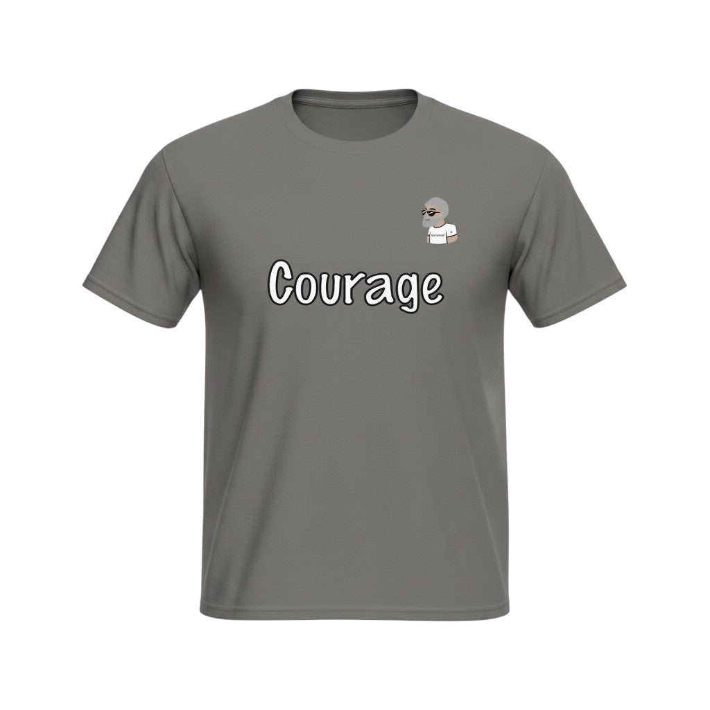 Big Daddy Allen Productions grey t-shirt with "Courage" graphic and a small illustration of a man.