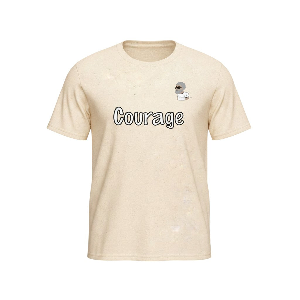 Big Daddy Allen Productions Courage graphic t-shirt in cream with a small cartoon figure and the word "Courage" printed on the chest.