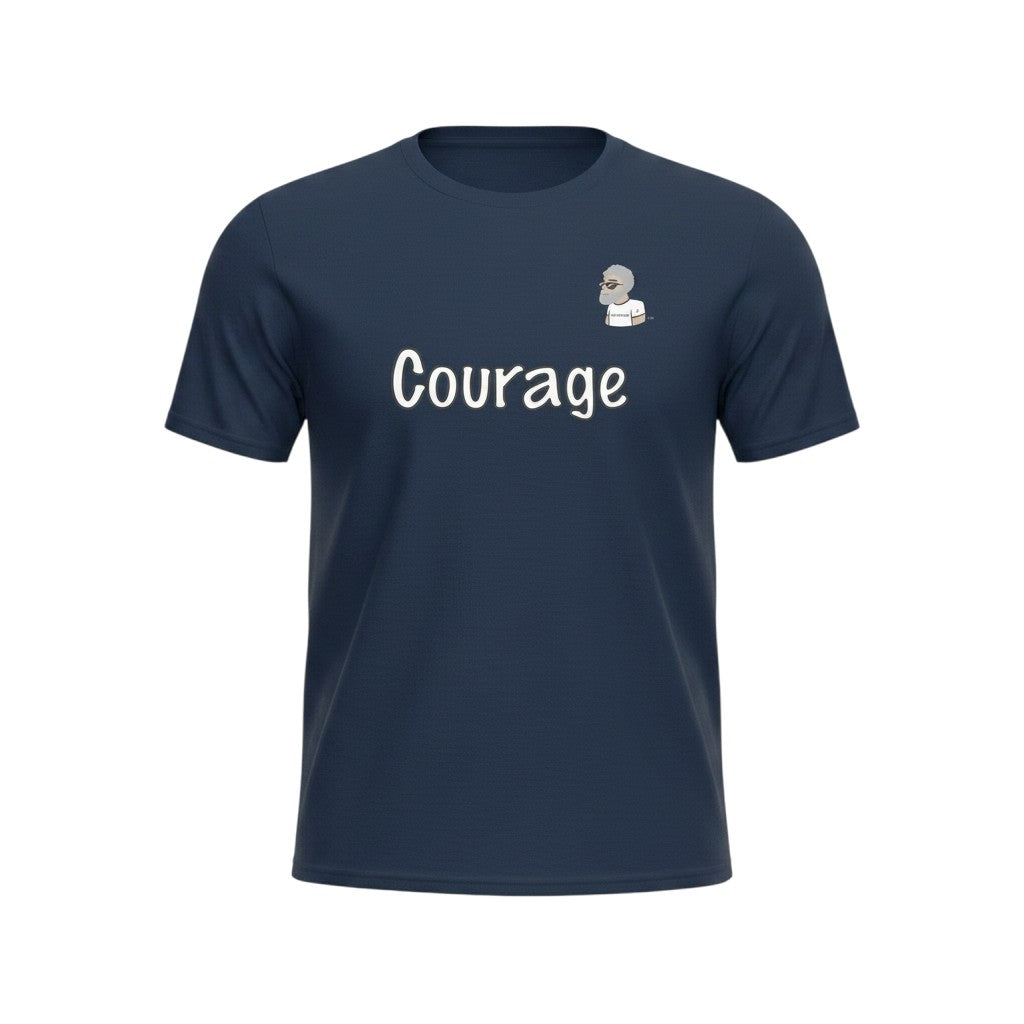 Big Daddy Allen Productions navy blue t-shirt with white text "Courage" and a small graphic of a man.