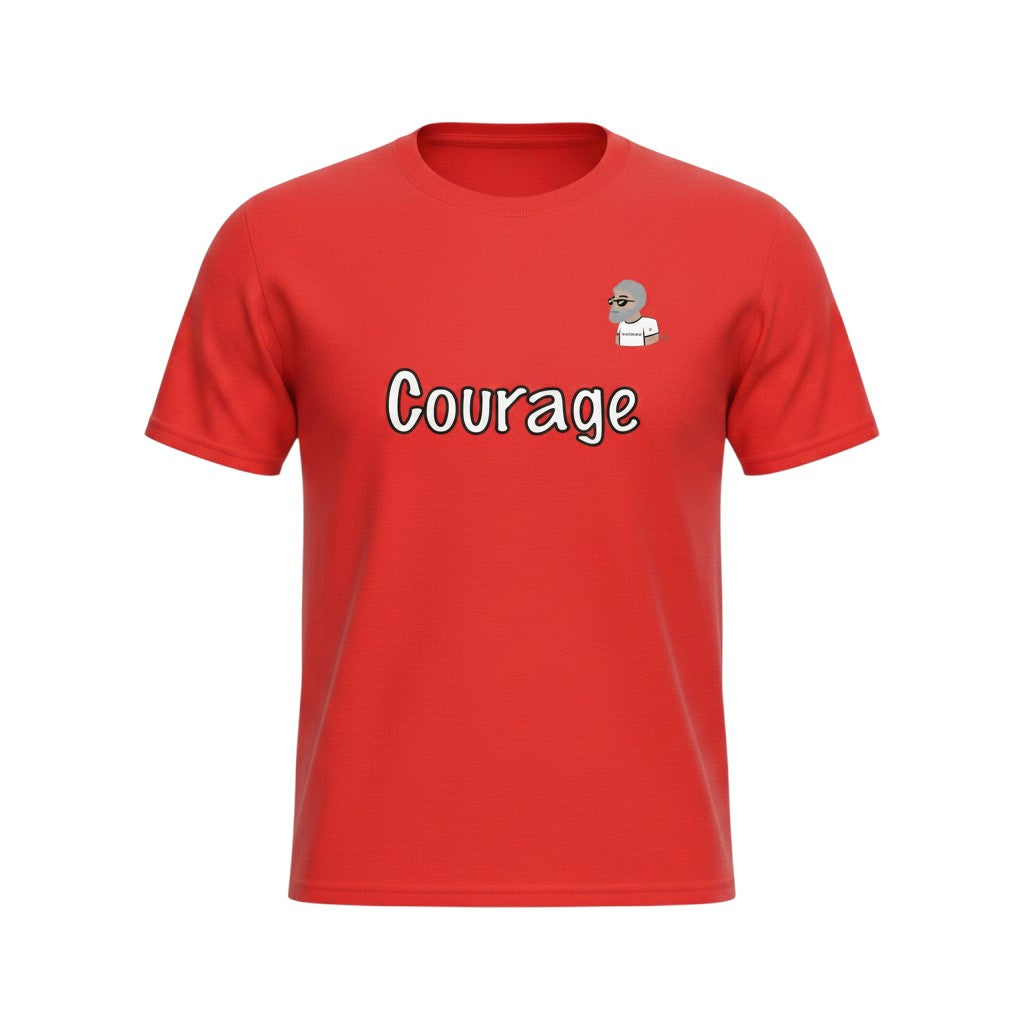 Big Daddy Allen Productions red graphic t-shirt with "Courage" text and a small cartoon character graphic.