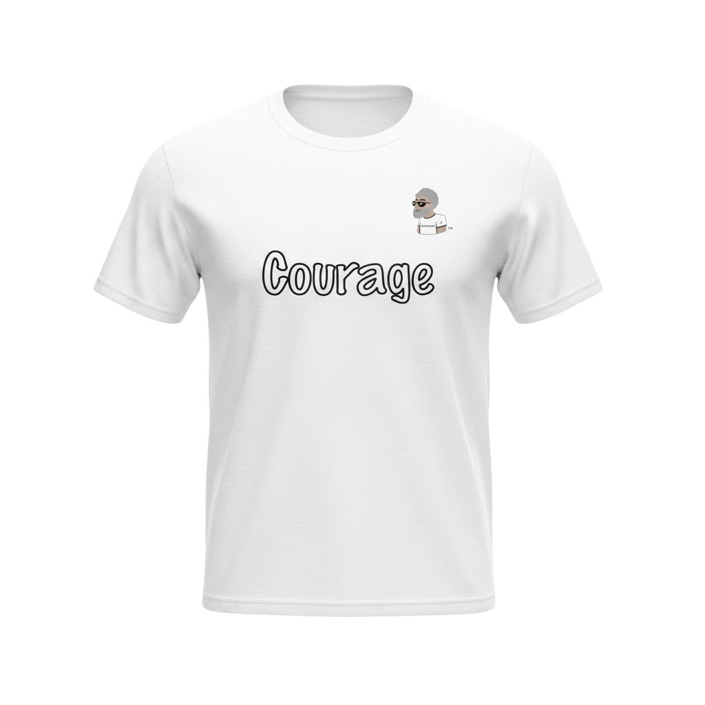 Big Daddy Allen Productions white cotton t-shirt with "Courage" graphic and cartoon man.