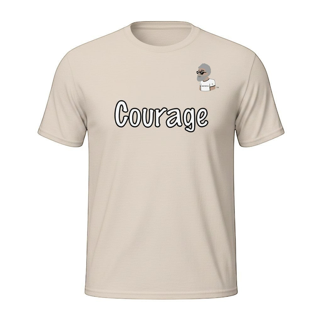 Big Daddy Allen Productions Courage graphic t-shirt in beige cotton with white text and BDA logo.